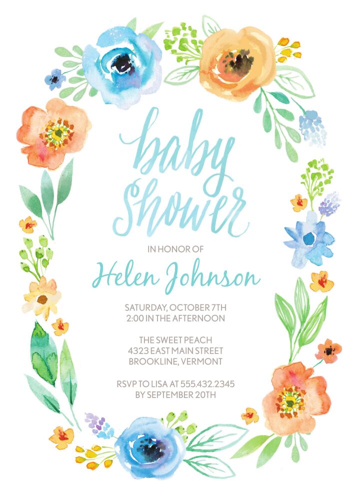 Watercolor Blossom Wreath (Blue) Invitation