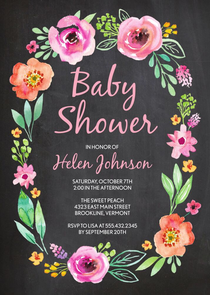 Watercolor Blossom Wreath (Chalkboard) Invitation