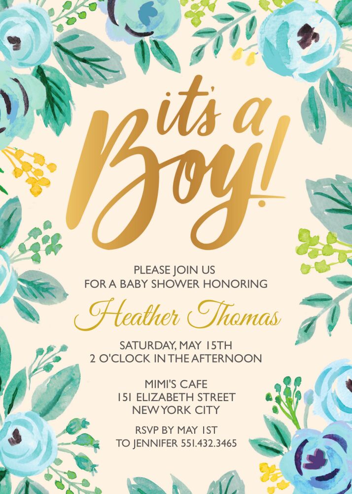 Watercolor Blossom Boy Invitation