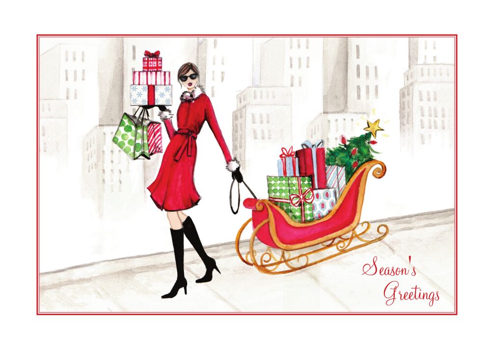 Fashion Girl Christmas Sled Folded Holiday Greeting Card