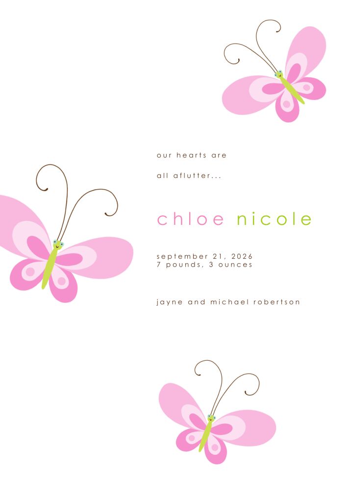 Pink Butterfly Girl Birth Announcement