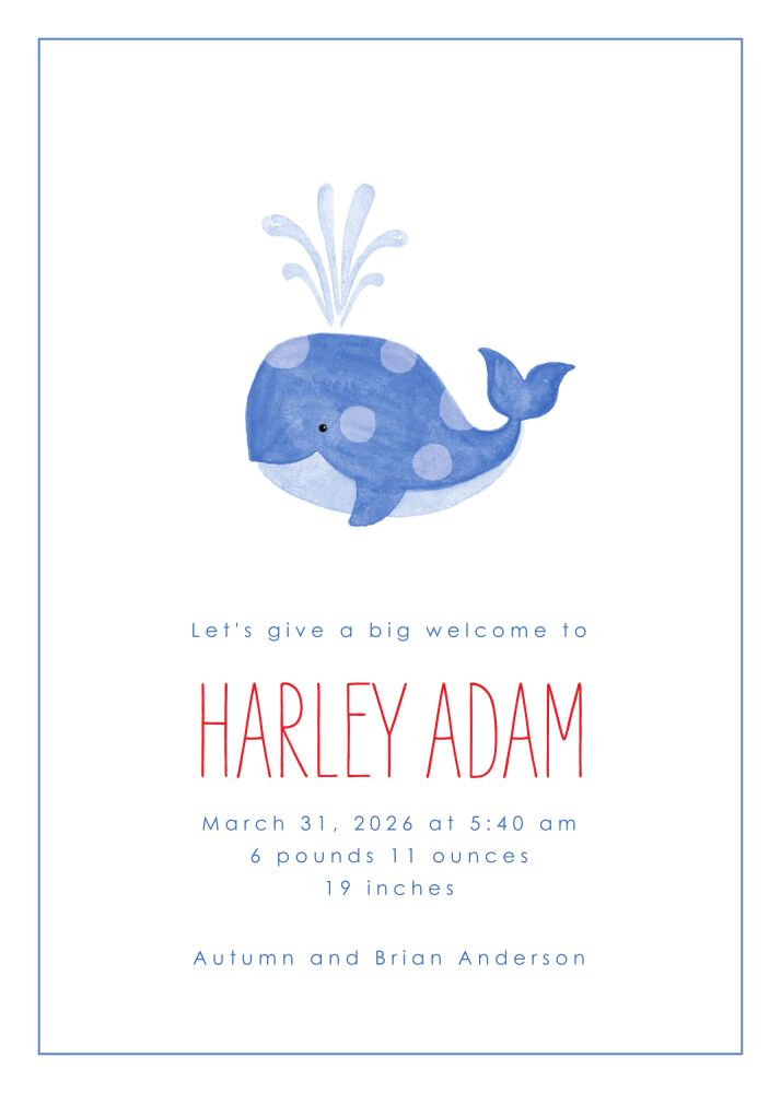 Whale Welcome Boy Birth Announcement