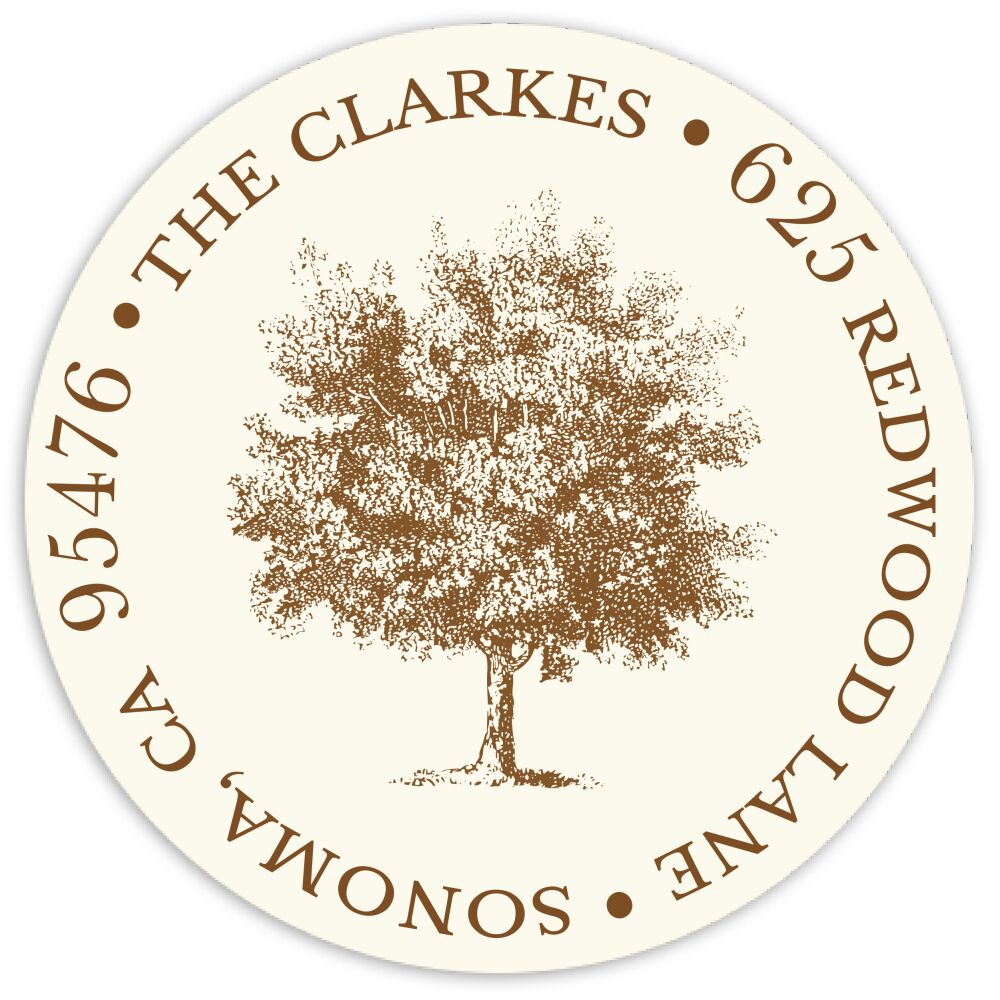 Under The Oak Round Address Sticky on White Eggshell (cream)