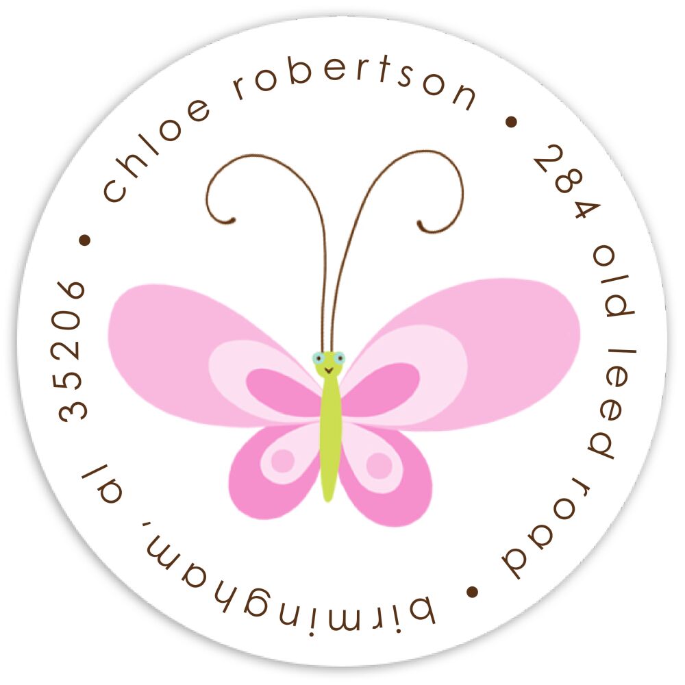 Pink Butterfly Round Address Sticky