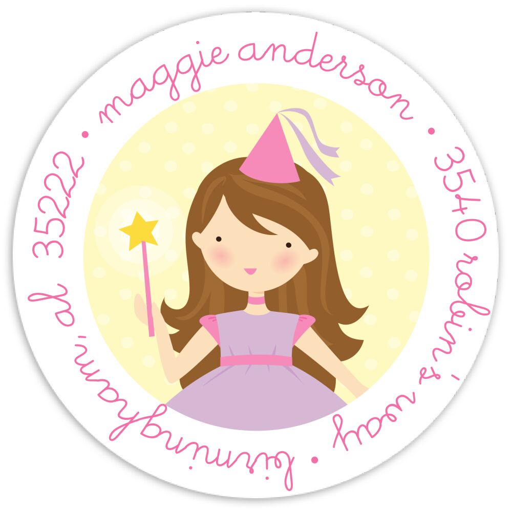 Pretty Princess Brunette Round Address Sticky