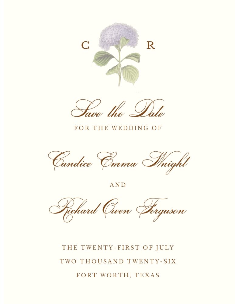 Hydrangea Bloom Save The Date Card on White Eggshell (cream)