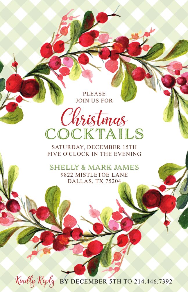 Berry Wreath on Gingham Invitation