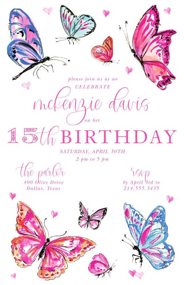 Handpainted Butterflies and Hearts Invitation