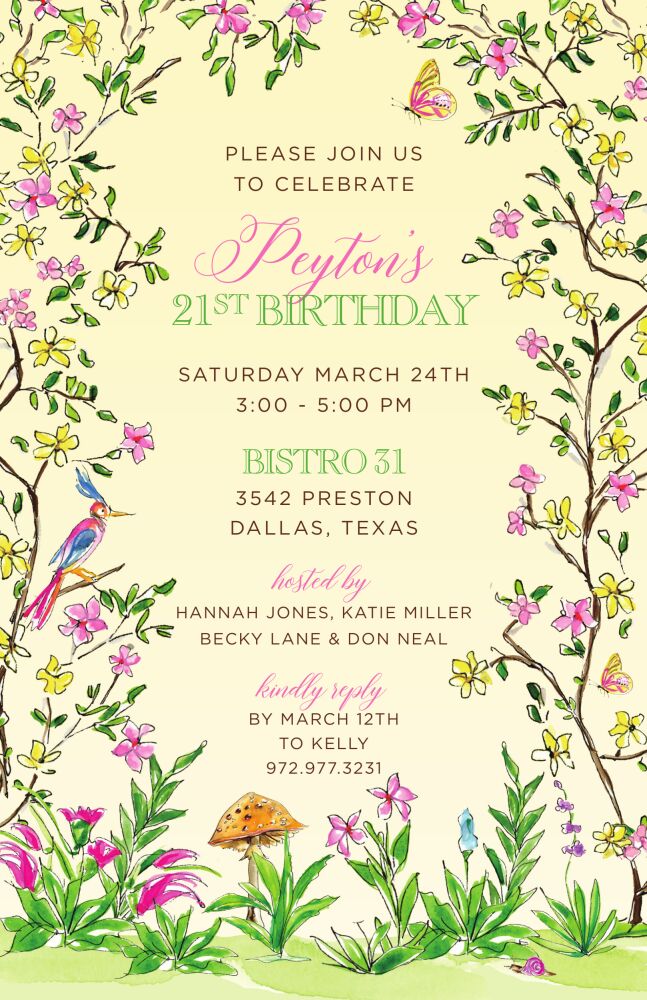 Handpainted Yellow Enchanted Garden Invitation 