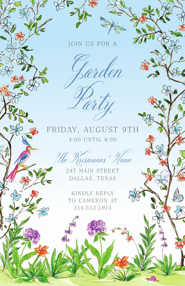 Handpainted Blue Enchanted Garden Invitation 