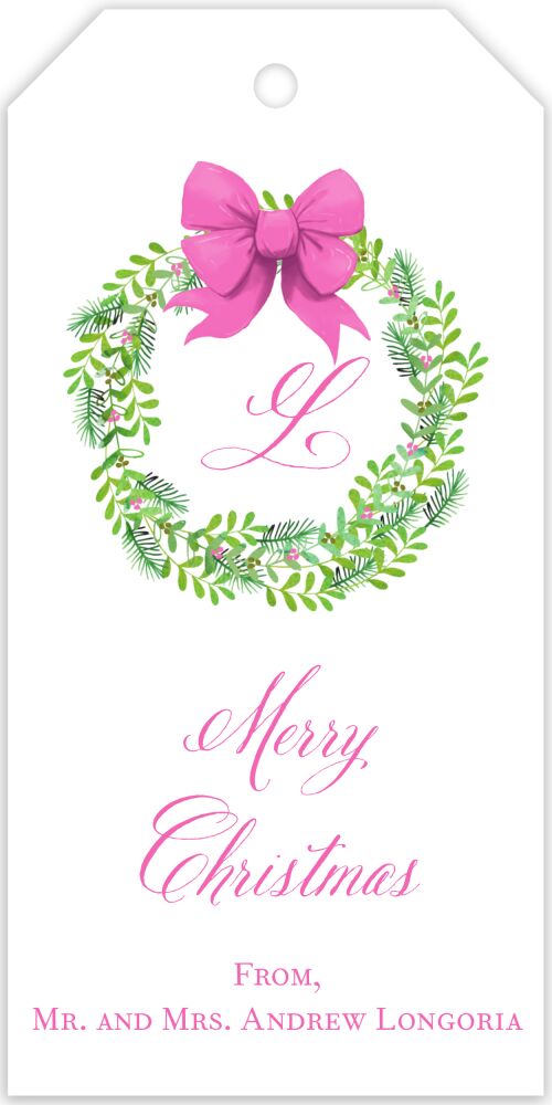 Pink Bow Evergreen Wreath Gift Tag