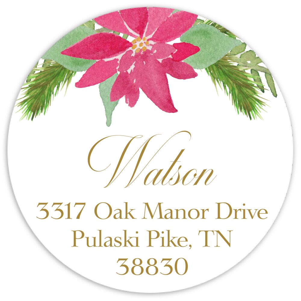 Watercolor Poinsettia Round Return Address Sticker