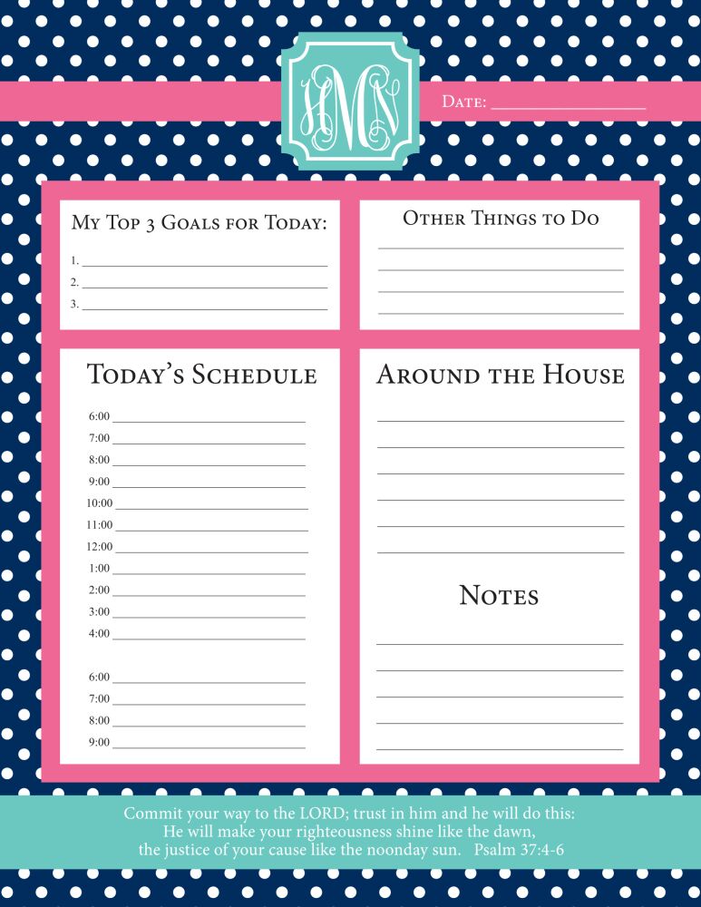 Mint Strawberry Navy Dots Daily Schedule Notepad