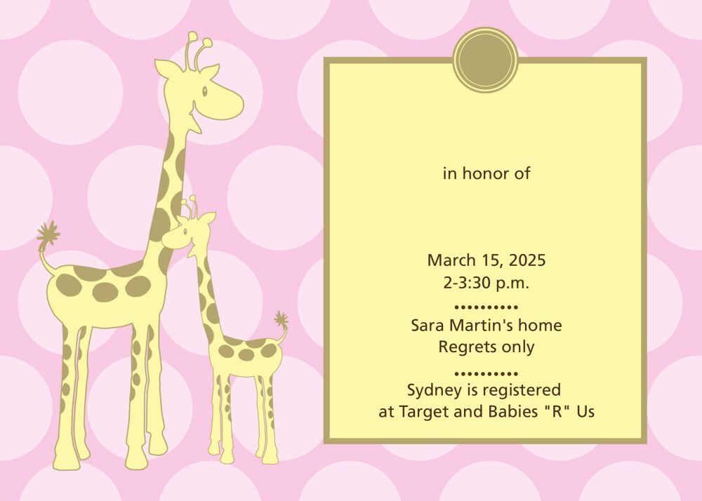 Pink giraffe baby shower invitation