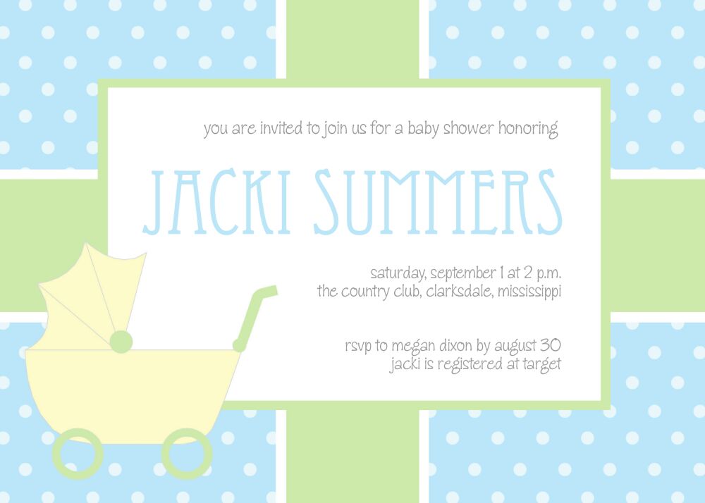 Yellow baby carriage and polka dots baby shower invitation