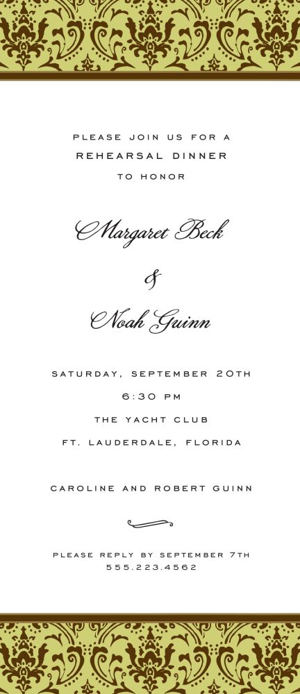 Damask Chocolate On Olive Invitation