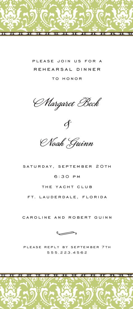 Damask Bead Border Olive Invitation