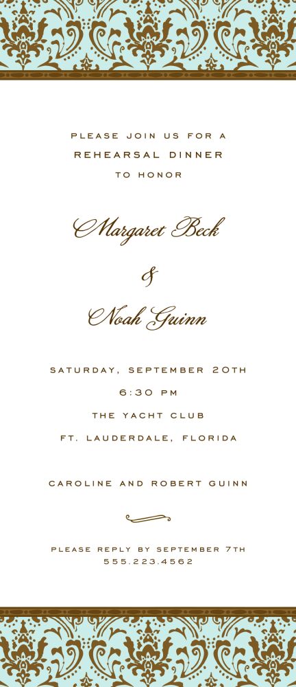 Damask Bead Border Chocolate On Aqua Invitation