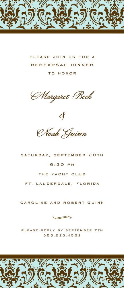 Damask Chocolate On Aqua Invitation
