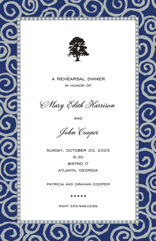 Swirls Silver On Navy Invitation