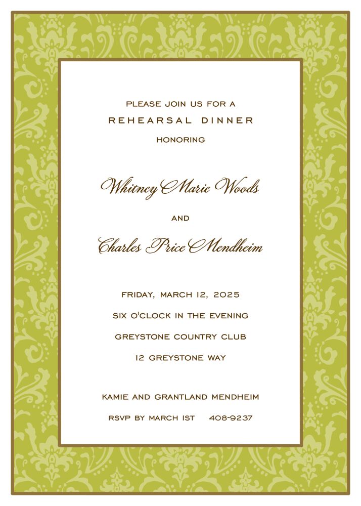 Damask Gold & Olive On Olive Invitation