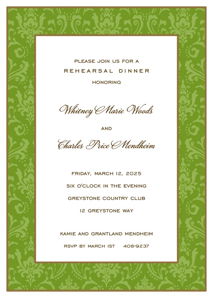 Damask Gold & Green On Green Invitation