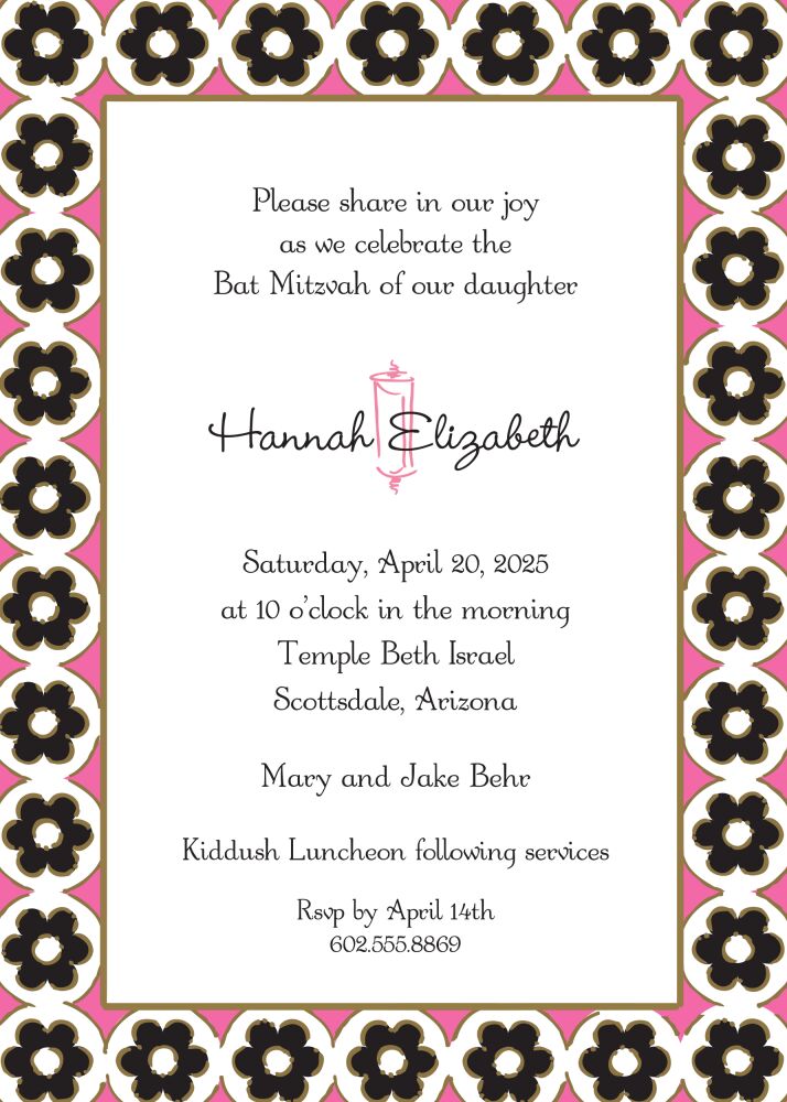 Circle Flowers Black & Deep Pink Invitation