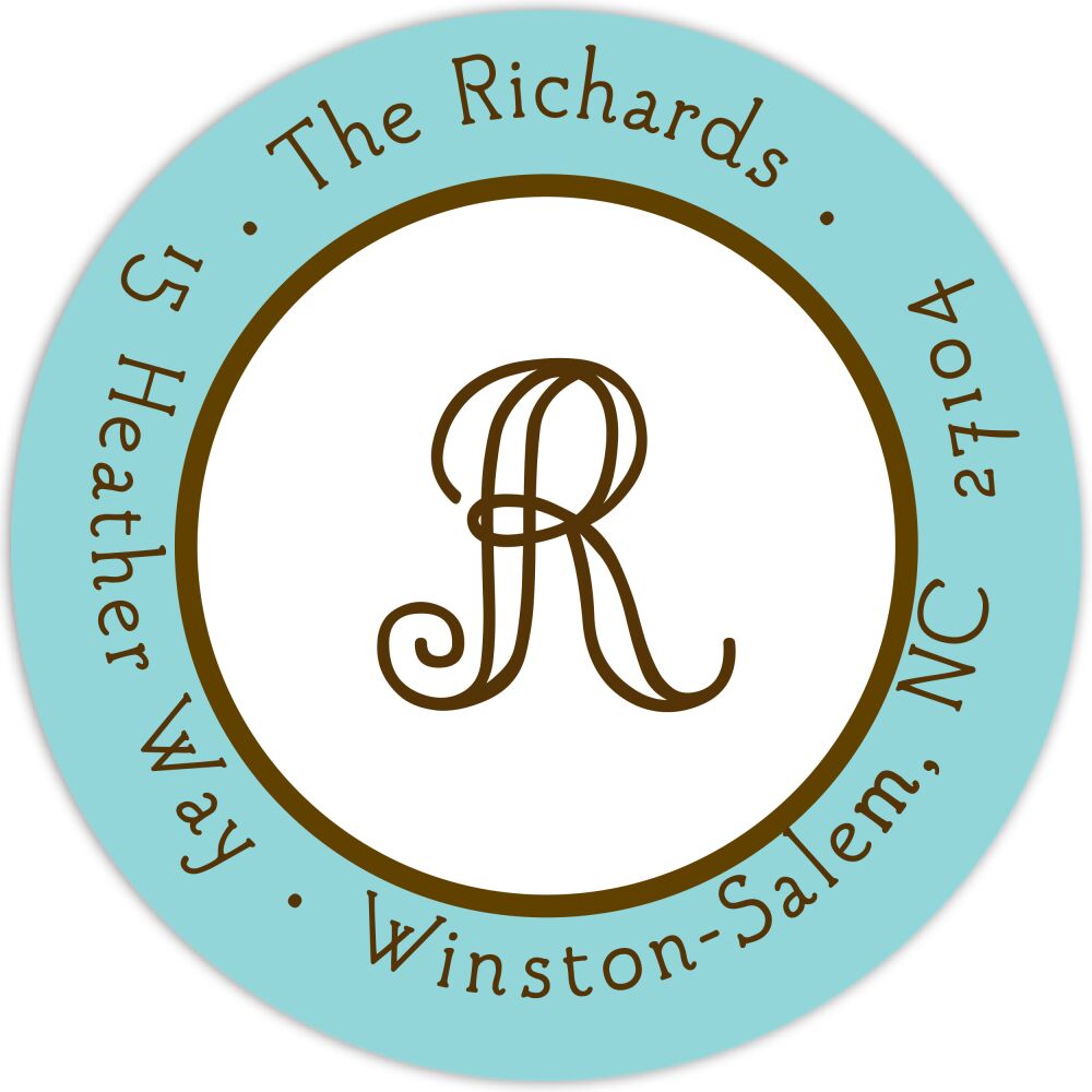 Classic Edge Aqua & Chocolate Round Return Address Sticker