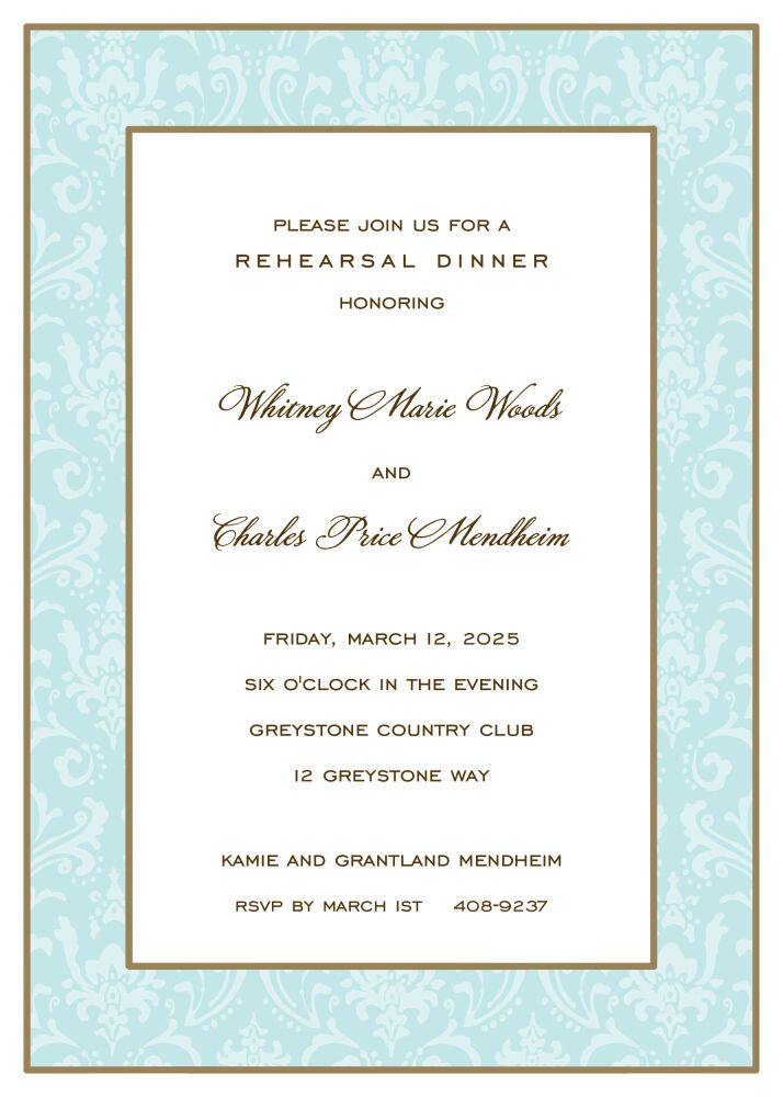 Damask Gold & Aqua On Aqua Invitation