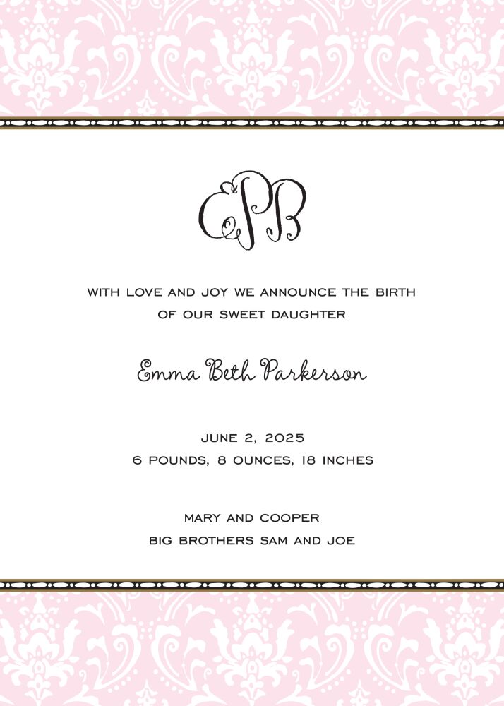 Damask Pink  Birth Announcement