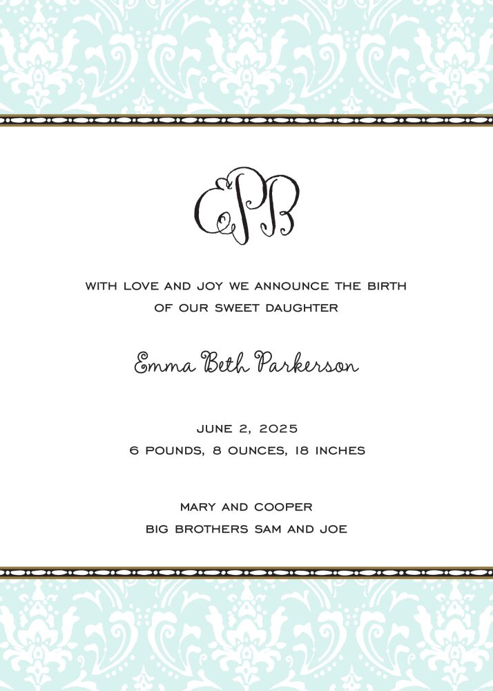 Damask Aqua  Birth Announcement