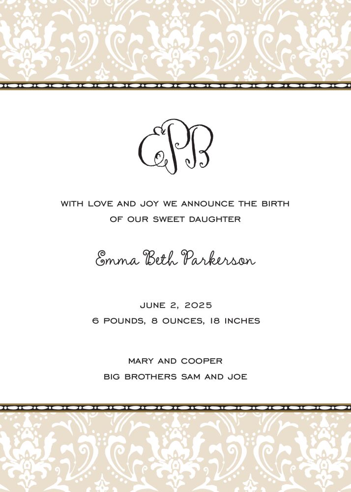 Damask Latte  Birth Announcement