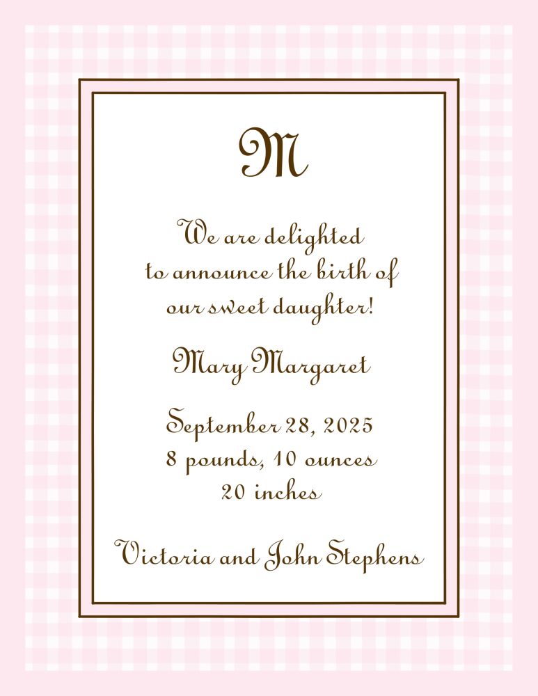 Gingham Pink  Birth Announcement