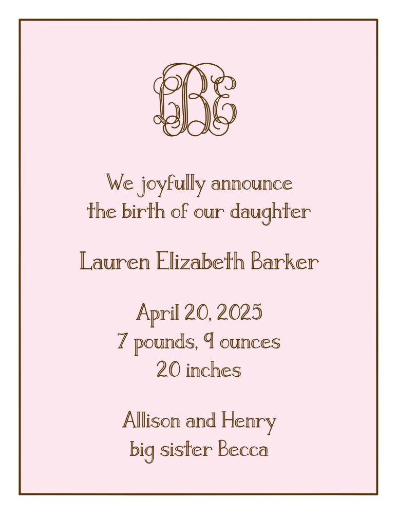 Classic Edge White And Chocolate On Pink  Birth Announcement