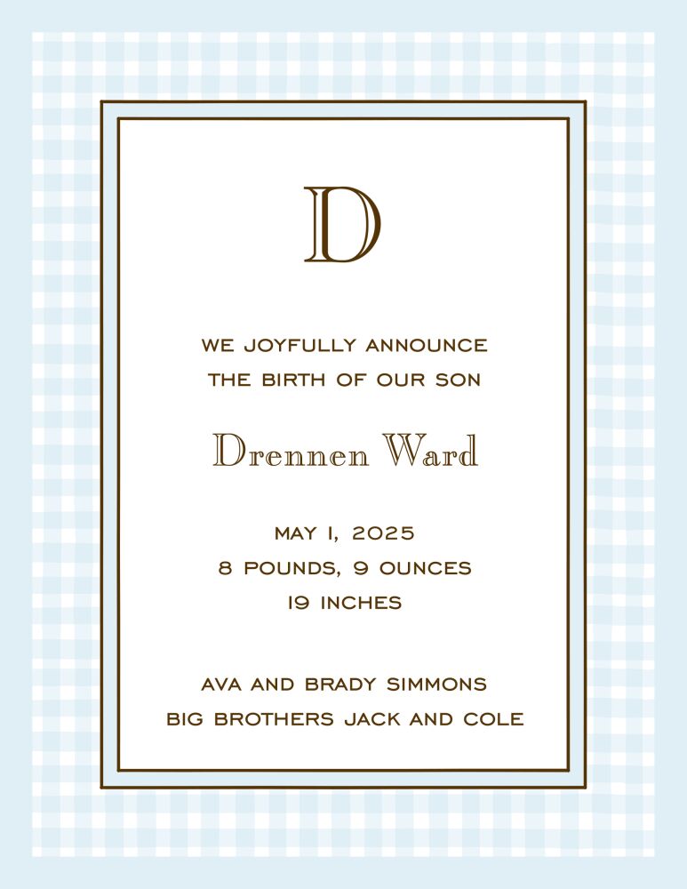 Gingham Blue  Birth Announcement