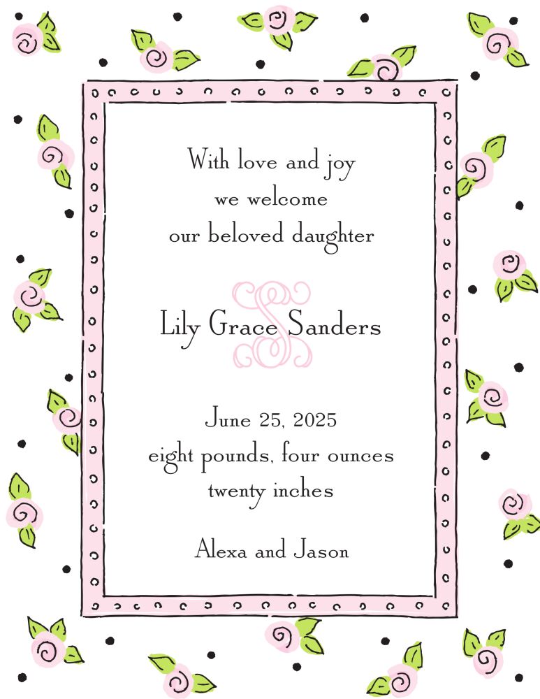 Sweet Roses Pink  Birth Announcement