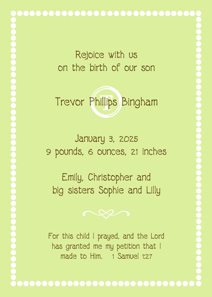 White Bead Border On Lime  Birth Announcement