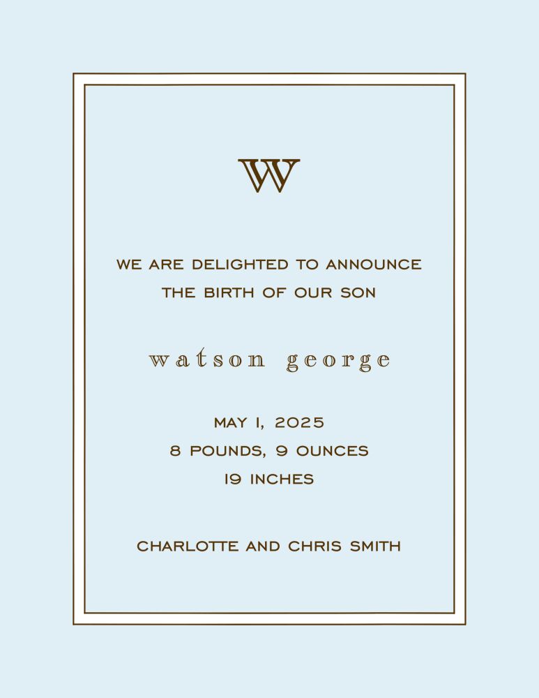 Simple Border White & Chocolate On Blue  Birth Announcement