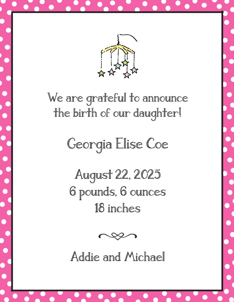 Dotted Edge Bright Pink & Black  Birth Announcement