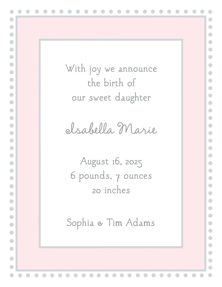 Antique Bead Border Pink & Silver  Birth Announcement