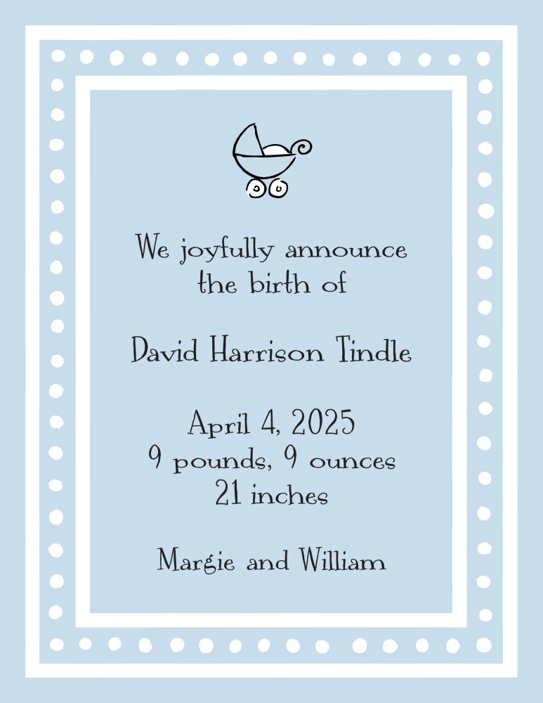 White Dotted Border Blue  Birth Announcement