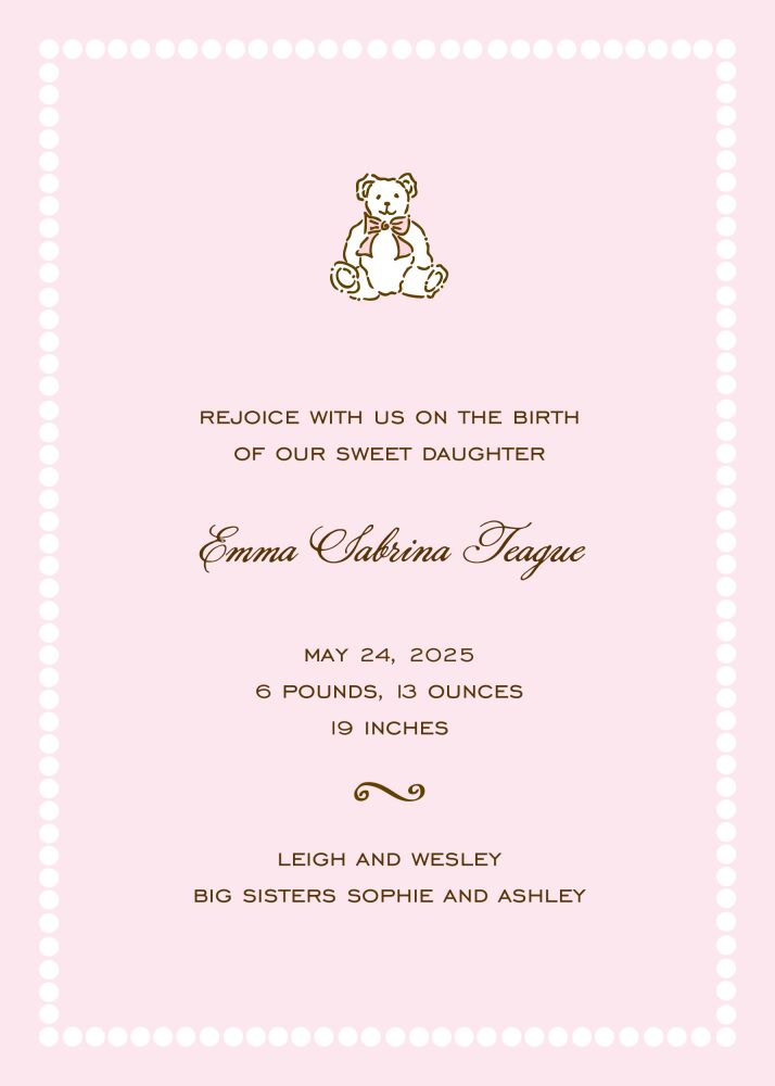 White Bead Border On Pink  Birth Announcement