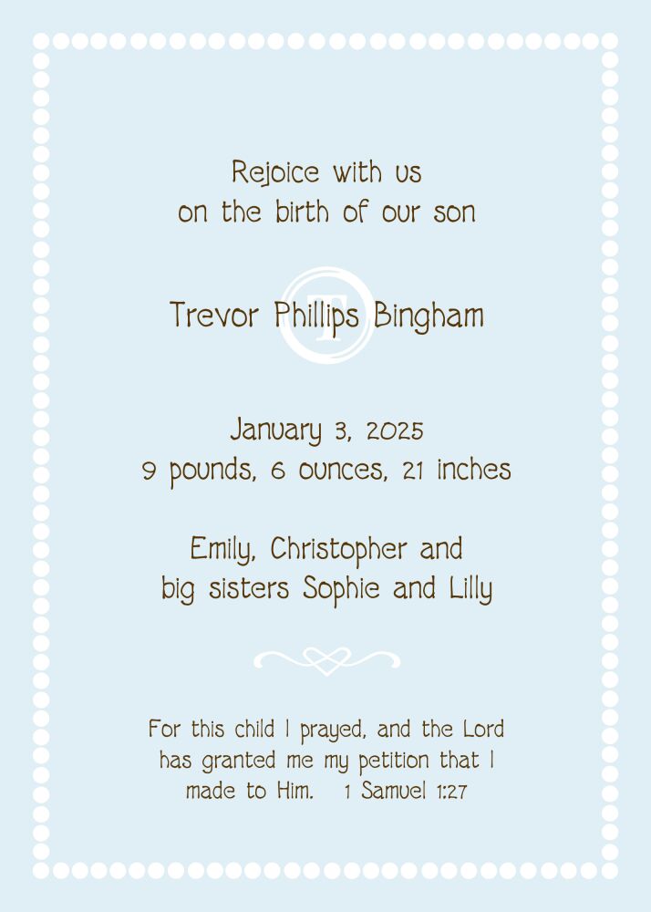 White Bead Border On Blue  Birth Announcement