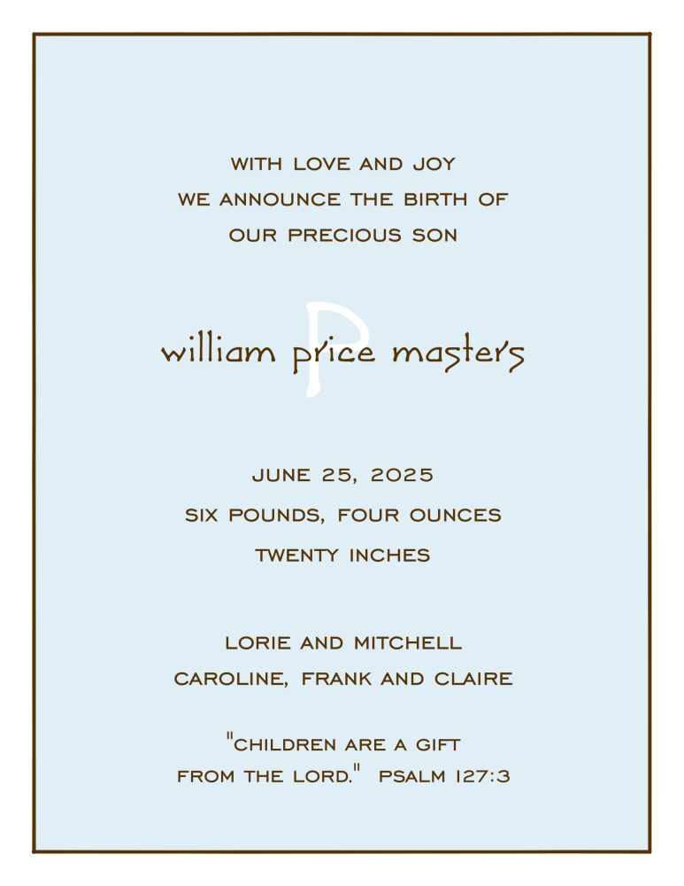 Classic Edge White & Chocolate On Blue  Birth Announcement