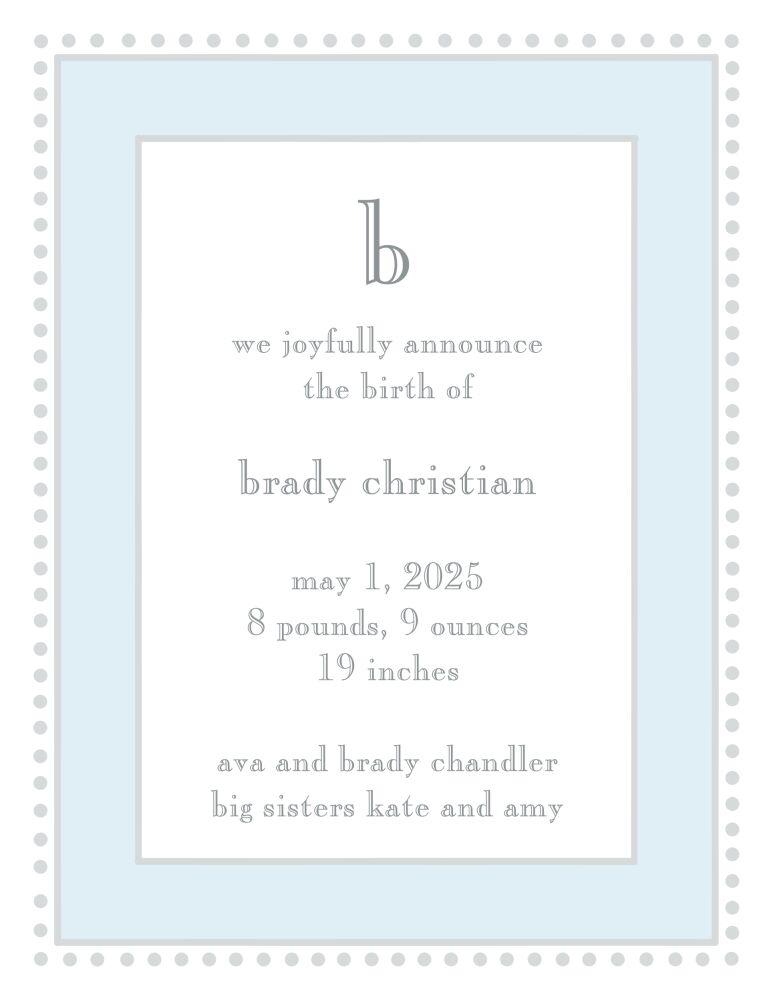 Antique Bead Border Blue & Silver  Birth Announcement