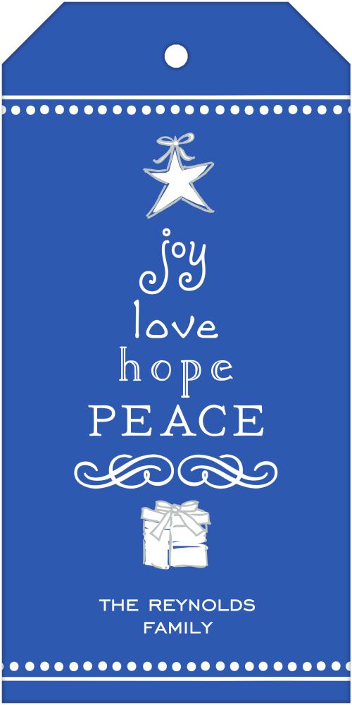 Joy, Love, Hope, Peace Bright Blue Hanging Gift Tag