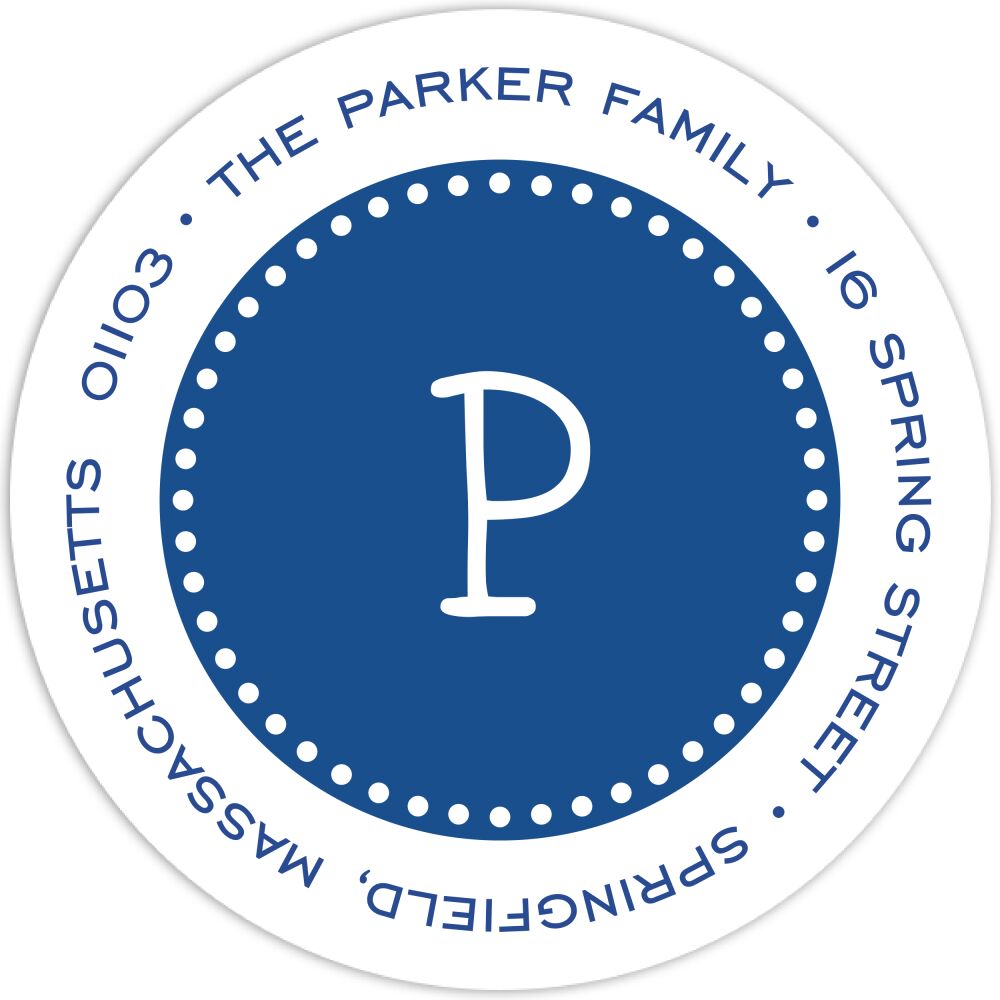 Dotted Border Dark Blue & White Round Return Address Label