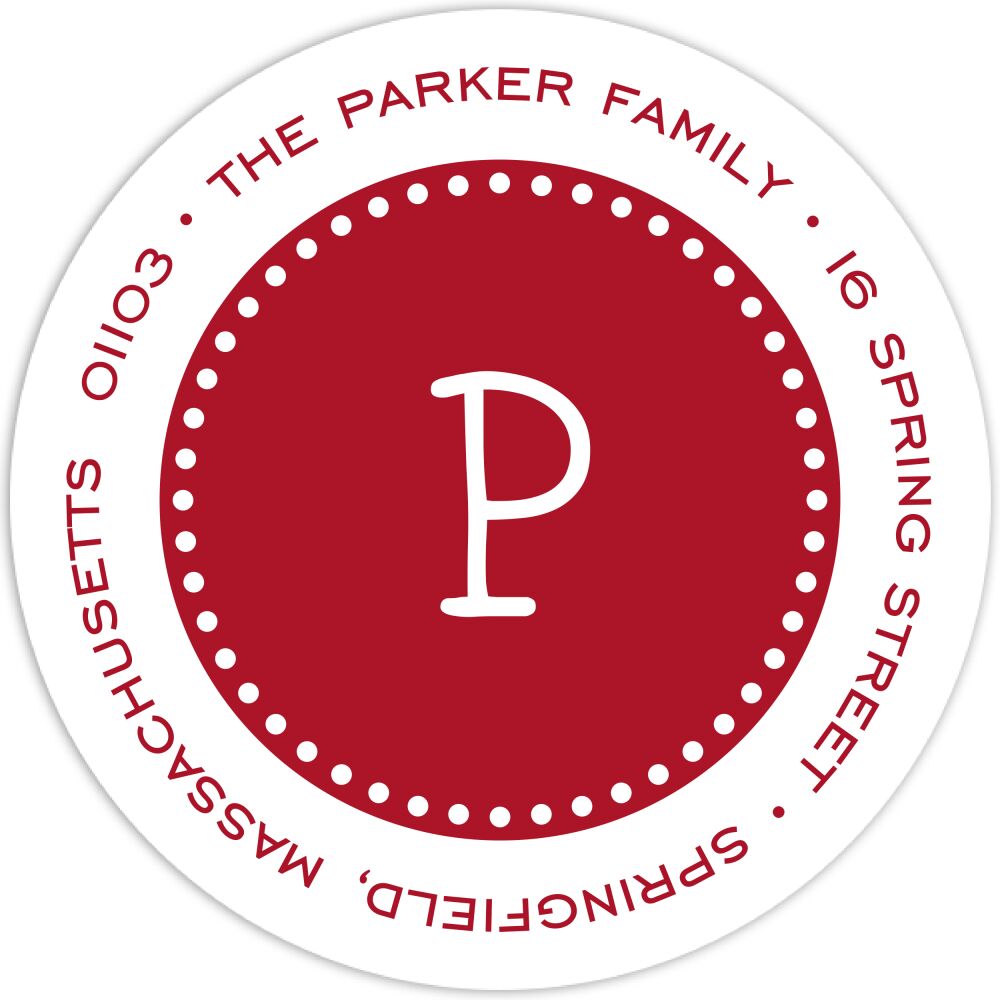 Dotted Border Dark Red & White Round Return Address Label