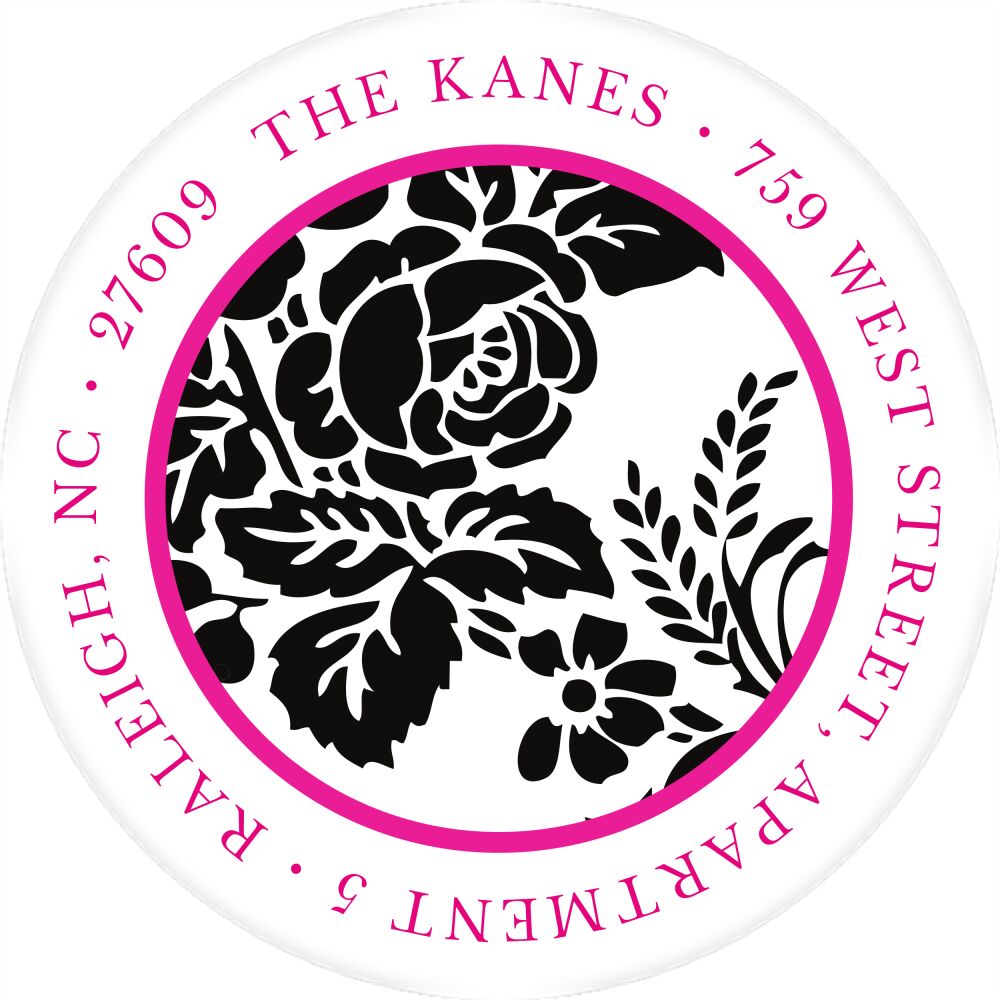 Black Flourish Posh with Pink Ink Round Address Label