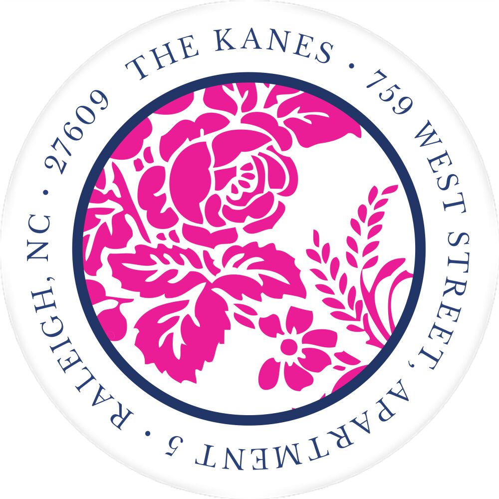 Pink Flourish Posh with Navy Ink Round Address Label